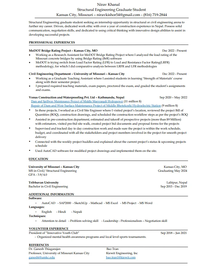 civil engineering summer internship resume for international student