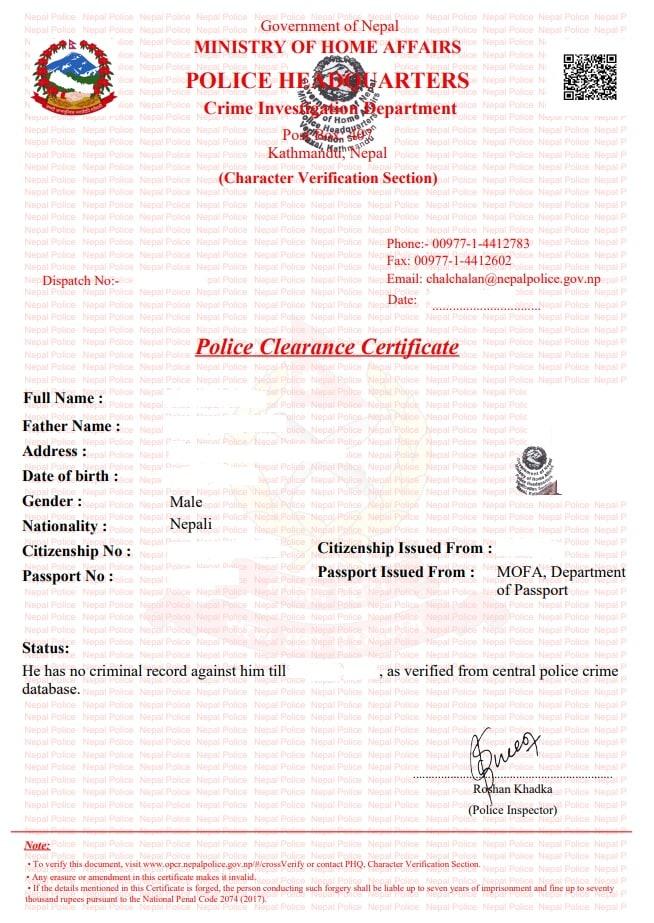 nepal police clearance certificate - U.S. visa from Nepal