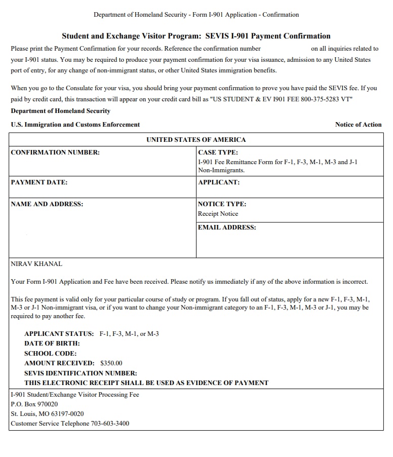 U.S. Visa from Nepal Sevis fee from Nepal 1